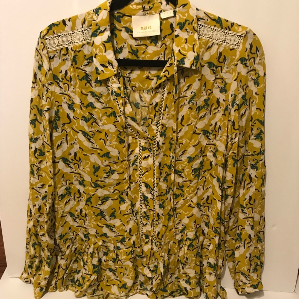 Yellow MAEVe Blouse made by Anthropologie w/rabbits frilly bottom button up sz2